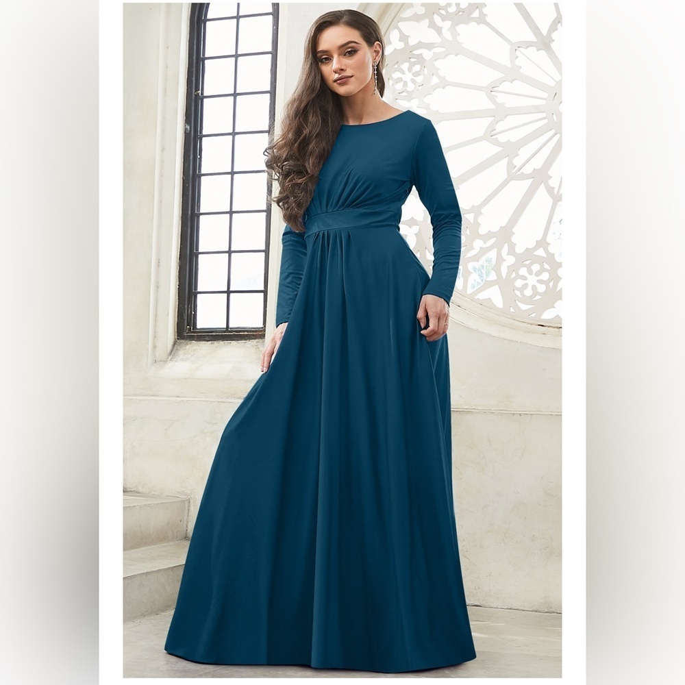 KOH KOH Long Sleeve Empire Waist Winter Flowy Blue Stretch Party Maxi Dress S
